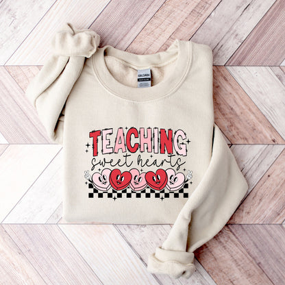 Retro Teacher Valentine’s Day Sweatshirt - Teaching Sweethearts Groovy Hearts Pullover