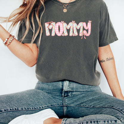 Mother's Day Gift - Mommy Floral Gingham Shirt - Trendy Coquette Mommy Tee- Pink Gingham & Floral Bow Mommy T-Shirt