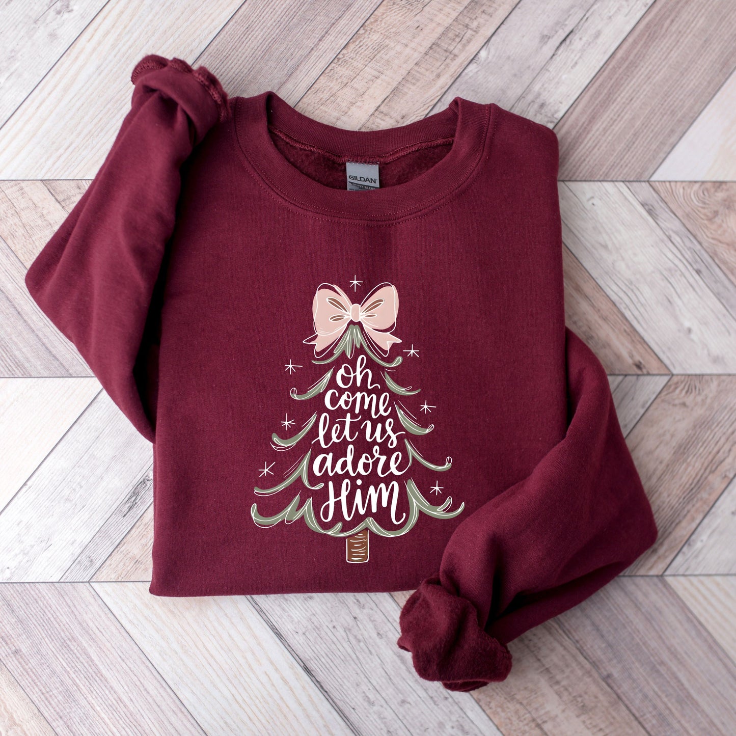 Oh Come Let Us Adore Him Sweatshirt, Christian Christmas Sweater, Pink Coquette Bow Christmas Tree, Religious Holiday Crewneck Nativity Gift