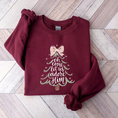 Oh Come Let Us Adore Him Sweatshirt, Christian Christmas Sweater, Pink Coquette Bow Christmas Tree, Religious Holiday Crewneck Nativity Gift