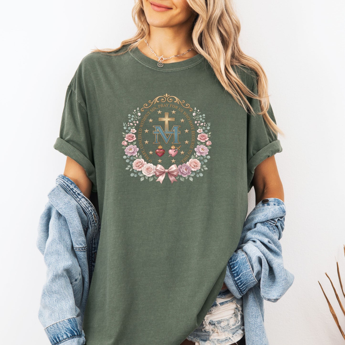 Marian Cross Catholic T-Shirt • Miraculous Medal Floral Tee • Virgin Mary Shirt • Religious Gift for Women • Blessed Mother Floral Tee