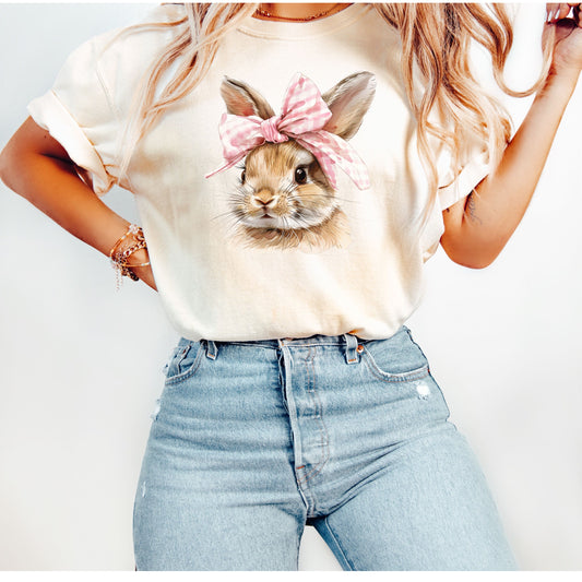 Sweet Bunny with Pink Gingham Bow Shirt - Cottagecore Bunny T-Shirt - Aesthetic Spring Floral Animal Tee- Easter Gift for Her - Watercolor Bunny with Bow Shirt