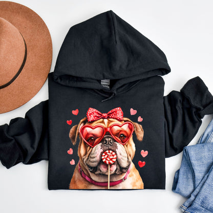 Cute Bulldog Graphic Pink Sweatshirt - Heart-Eyed Bulldog Print Comfortable Crewneck Jumper- Valentine's Day Sweatshirt Cute Bulldog with Heart Glasses Fun Lollipop Graphic Cozy Gift for Her Romantic Holiday Outfit Women