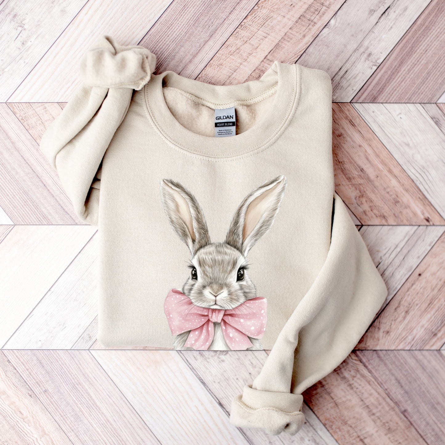 Cute Easter Bunny Sweatshirt - Hand-Drawn Rabbit with Pink Bow Crewneck - Spring Holiday Pullover