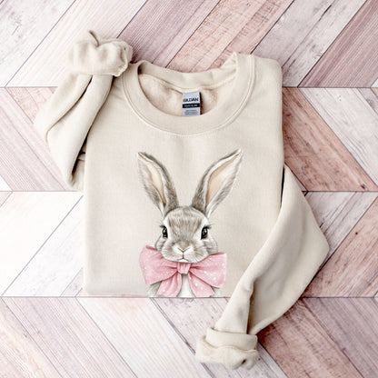 Cute Easter Bunny Sweatshirt - Hand-Drawn Rabbit with Pink Bow Crewneck - Spring Holiday Pullover