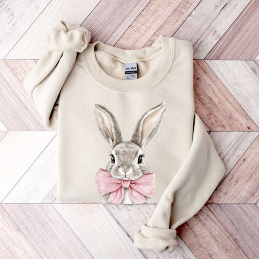 Cute Easter Bunny Sweatshirt - Hand-Drawn Rabbit with Pink Bow Crewneck - Spring Holiday Pullover