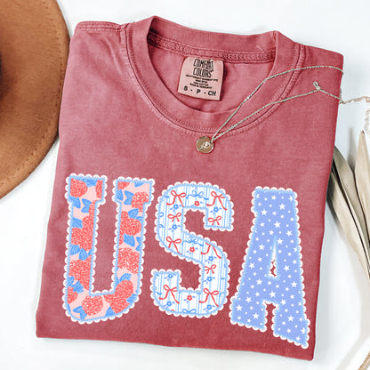 Coquette USA Shirt, Floral Gingham USA Tee, 4th of July Patriotic Tee, America T-Shirt, Fourth of July Shirts