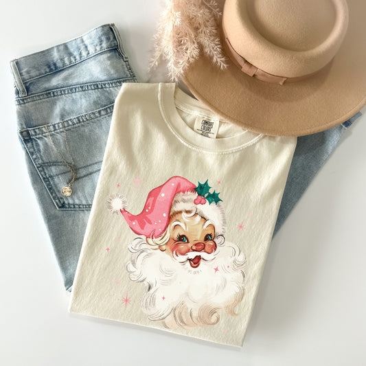 Pink Retro Santa Claus Christmas T-Shirts Sweatshirts, Aesthetic Santa Face Comfort Colors Vintage Holiday Crewneck Group Party Festive Xmas
