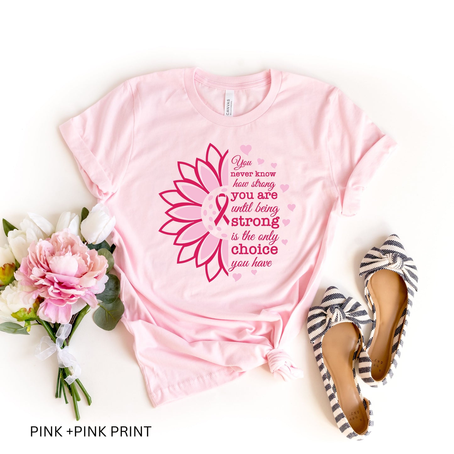 Breast Cancer Awareness T-Shirt - Pink Ribbon Sunflower Design - Strong Quote Tee -Survivor/Fighter Breast Cancer Support Gift -Pink Sunflower Breast Cancer Warrior Tee - Pink Ribbon Awareness T-Shirt