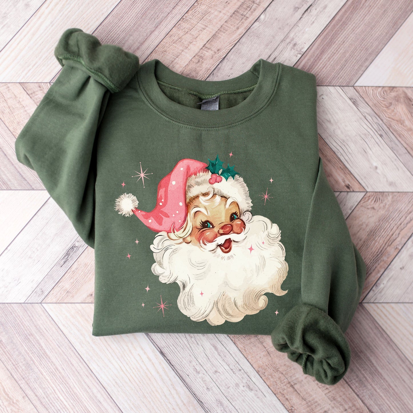 Pink Santa Retro Christmas T-Shirts Sweatshirts for Women Pink Christmas Matching Family Sweaters Pink Vintage Holiday Crewneck Group Party