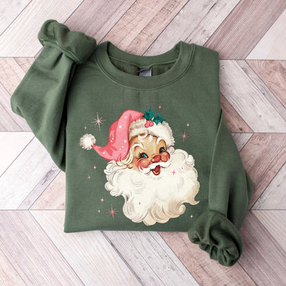 Pink Santa Retro Christmas T-Shirts Sweatshirts for Women Pink Christmas Matching Family Sweaters Pink Vintage Holiday Crewneck Group Party