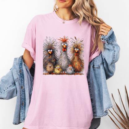 Crazy Chicken Family T-Shirt, Eagerlys Colorful Funny Chicken Art, Farm Life Tee, Gift for Chicken Lover,Messy Hair Don't Care Chicken Shirt