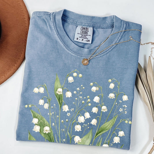 Lily of the Valley Comfort Colors Shirt, May Birth Flower Tee, Aesthetic Botanical Graphic T-shirt, Minimalist Floral Gift, Cottagecore Top