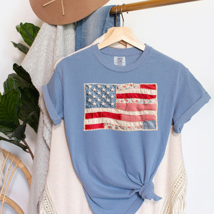 Faux Patchwork American Flag Shirt, Patriotic Fourth of July Tee, Vintage Faux Quilted USA Graphic T-Shirt