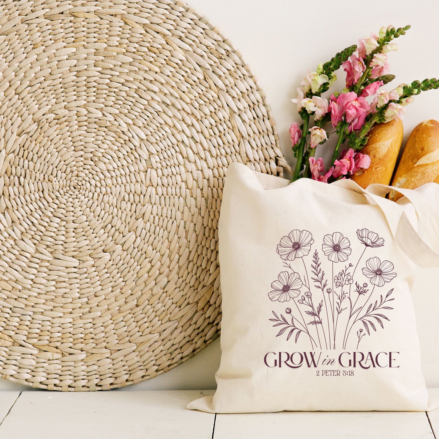 Canvas Tote Bag – Grow in Grace Tote Bag- Eco-Friendly, Durable, Everyday Shoulder Bag for Shopping, Work & Travel