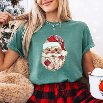 Faux Patchwork Santa T-Shirt | Vintage Quilted Look Christmas Shirt | Cozy Holiday Tee | Buffalo Plaid Santa Claus Graphic | Cute Xmas Gift