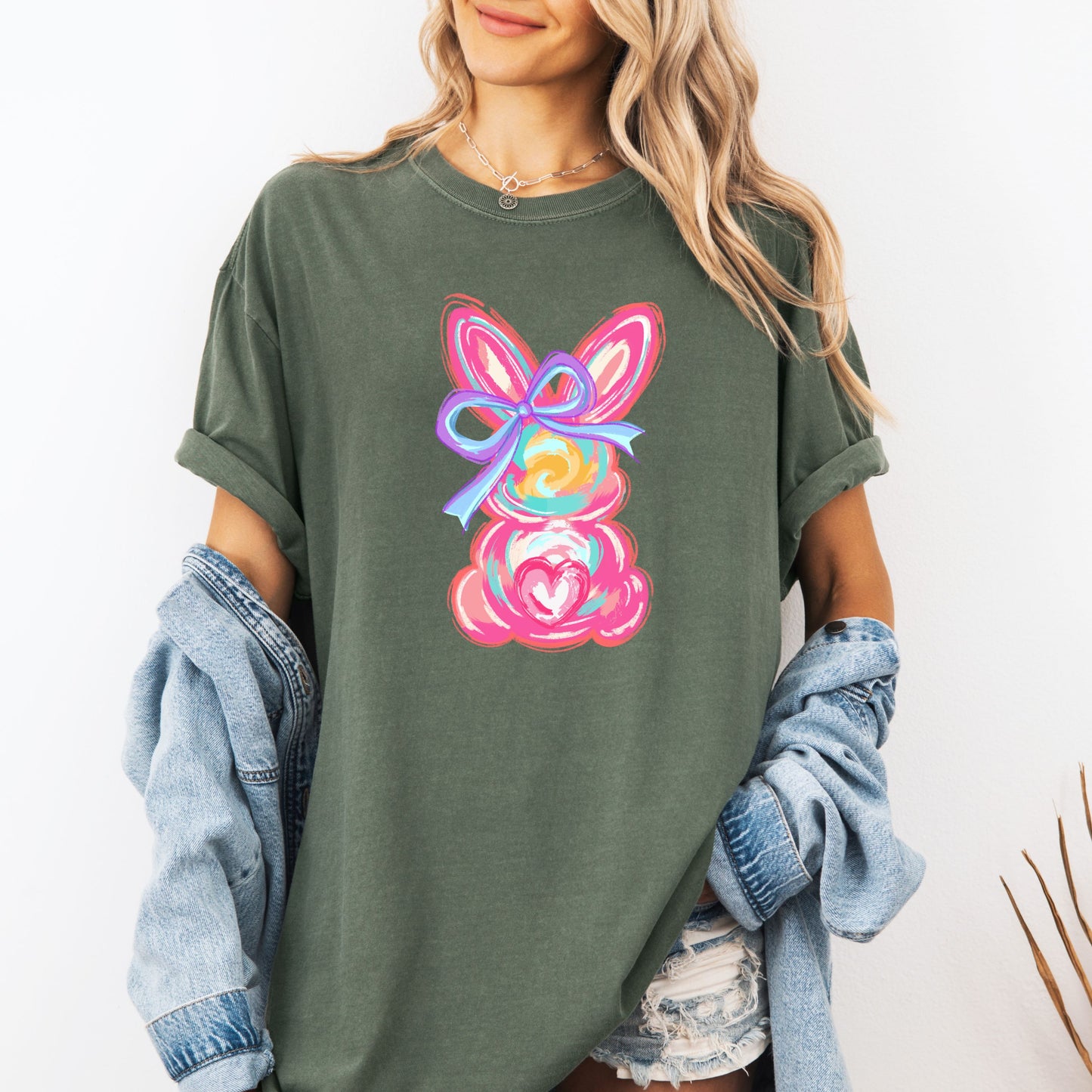 Brushstroke Bunny Easter Shirt, Bunny Coquette Bow T-Shirt, Pastel Spring Aesthetic Tee, Whimsical Rabbit Graphic Shirt, Colorful Floral Bunny Art Top