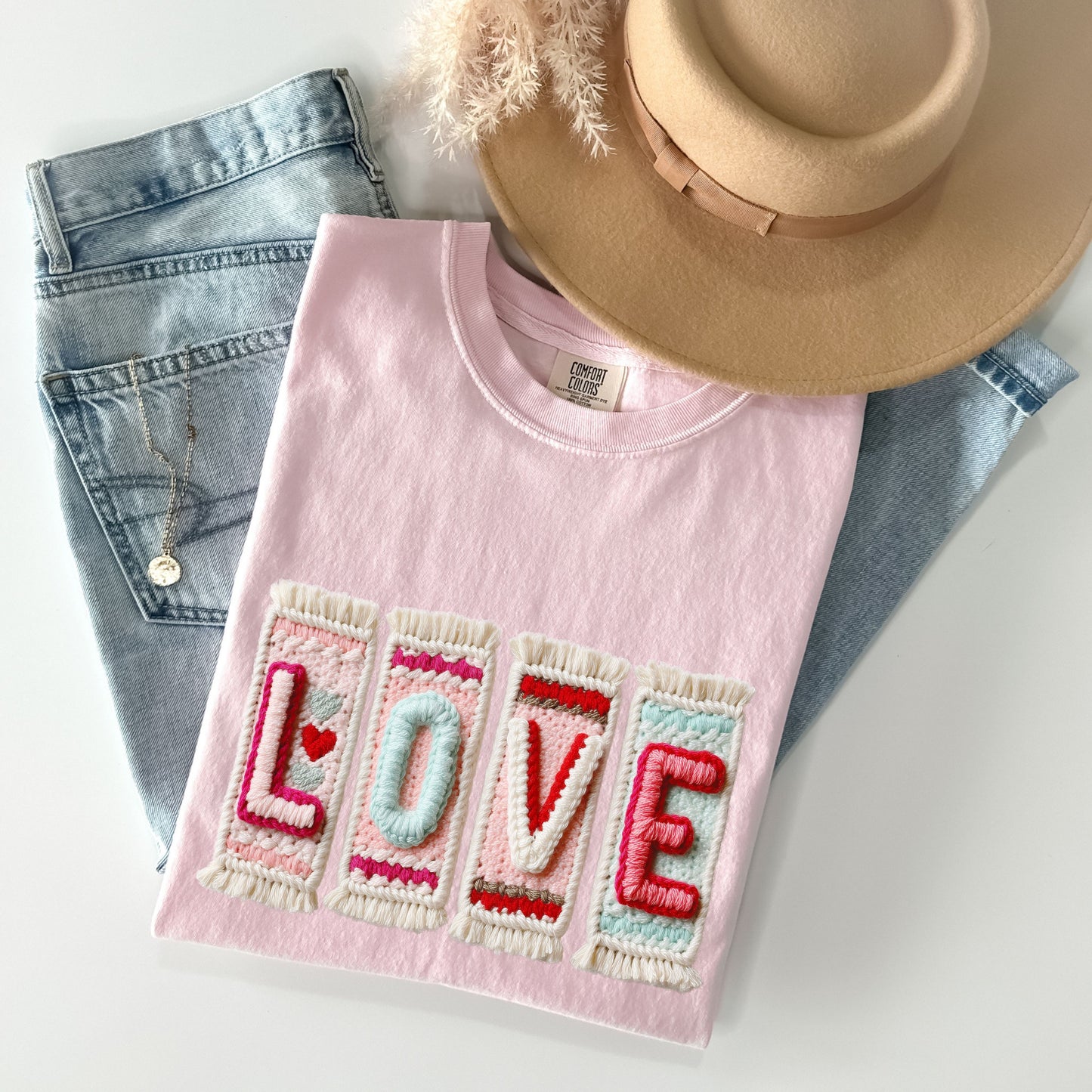 Boho "LOVE" Faux Yarn DTF Print T-Shirt | Trendy Embroidery-Look Shirt