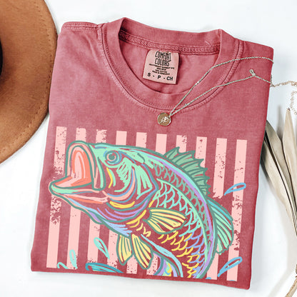 Retro Bass Fish Shirt, Pastel Striped Fishing Graphic Tee, Fisherman Gift, Lake Life T-Shirt, Coastal Summer Tee