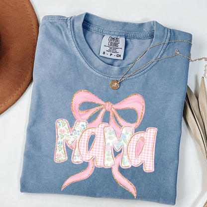 Floral Mama Shirt , Mom Spring Tee ,Trendy Mom Tshirt, Women's Flower Mama Shirt ,Pregnancy Reveal Gift ,Blue Pink Bow Shirt