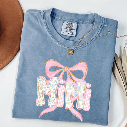 Floral Mimi Shirt , Grandma Spring Tee, Trendy Grammy Tshirt ,Women's Flower Mimi Shirt, New Grandma Announcement. ,Blue Pink Bow Shirt
