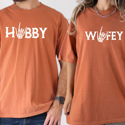 Comfort Colors®  Couple Halloween Shirt, Couple Wifey Hubby Shirt,Skeleton Hand Shirt, Fall Engagement Shirt, Halloween Bach, Bride or Die