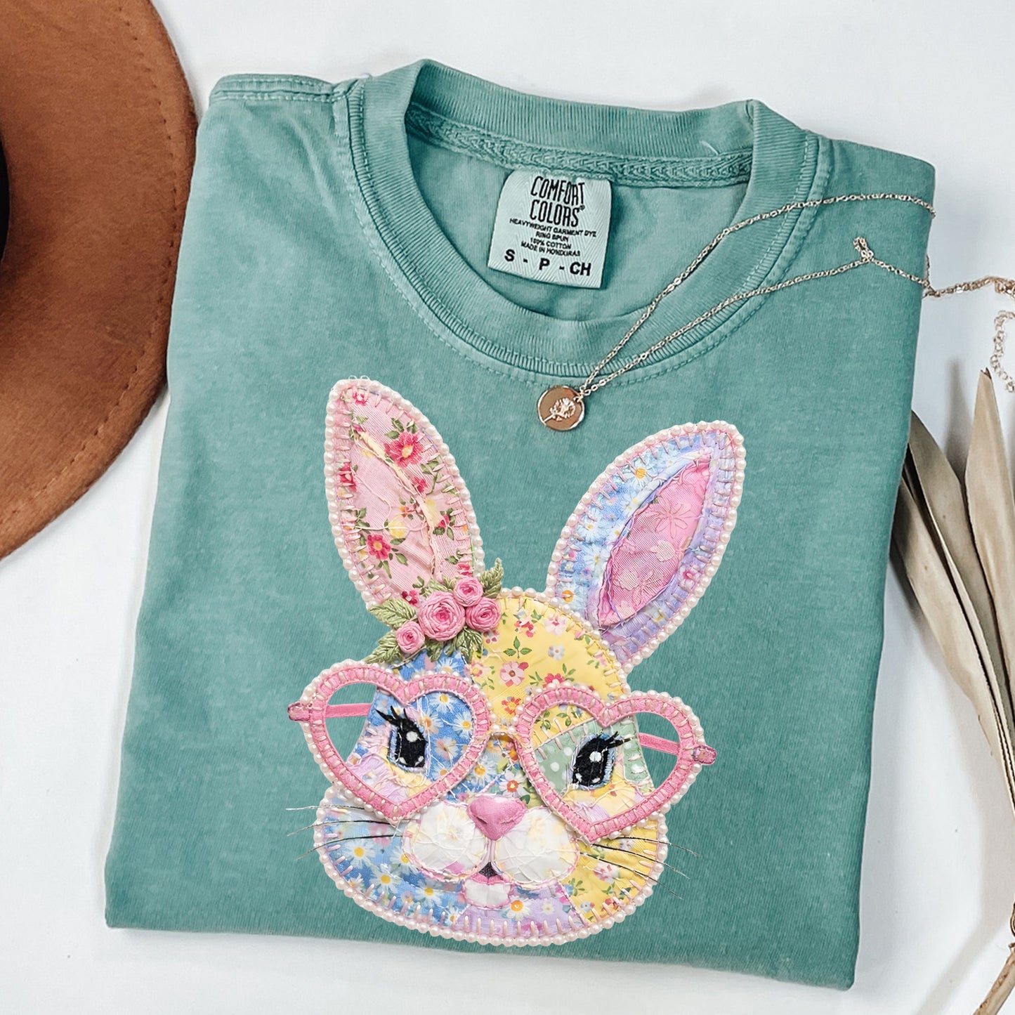 Faux Patchwork Easter Bunny with Glasses Shirt, Comfort Colors® Coquette Rabbit Tee, Shabby Chic Spring Outfit Gift