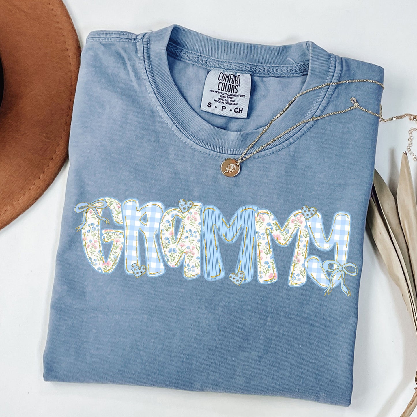 The Perfect Grammy Gift - Blue Floral Gingham "Grammy" Tee -  New Grandma Reveal Shirt - "Grammy" Floral Print Tee - Gift for Nana -  Special Birthday Gift for Grandma