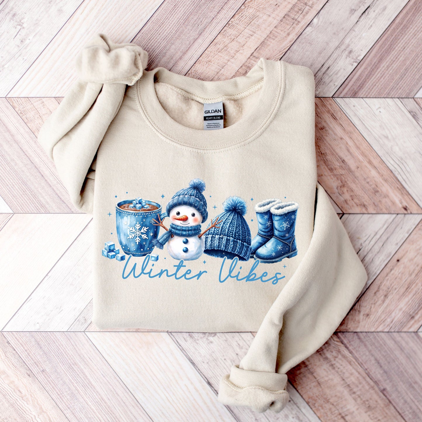 Winter Vibes Snowman Sweatshirt, Faux Embroidery Look Winter Crewneck, Cozy Blue Snowman Sweater, Winter Hot Cocoa Hoodie,Snowflake Pullover