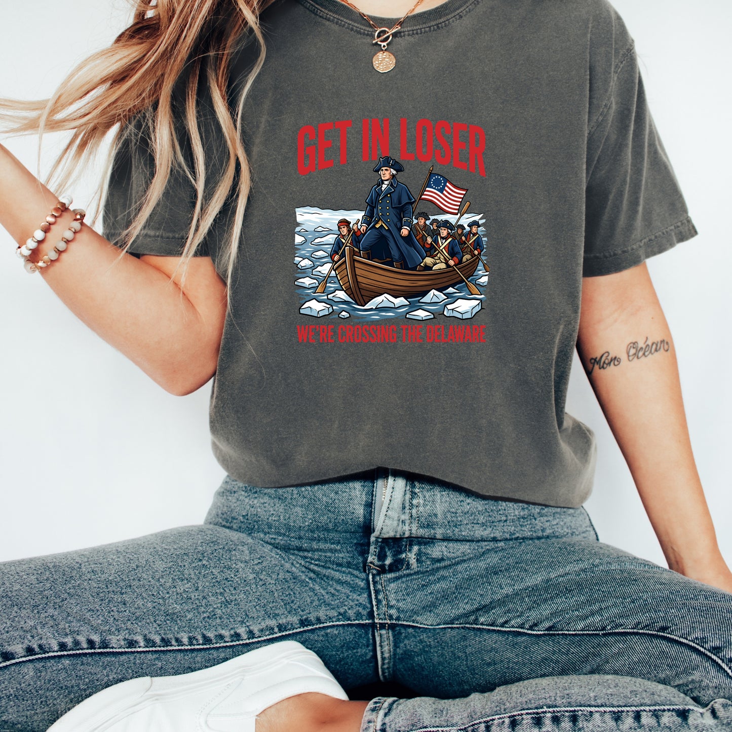 Funny Patriotic George Washington Shirt, Get In Loser We’re Crossing The Delaware Tee, Vintage 1776 Fourth Of July Shirt