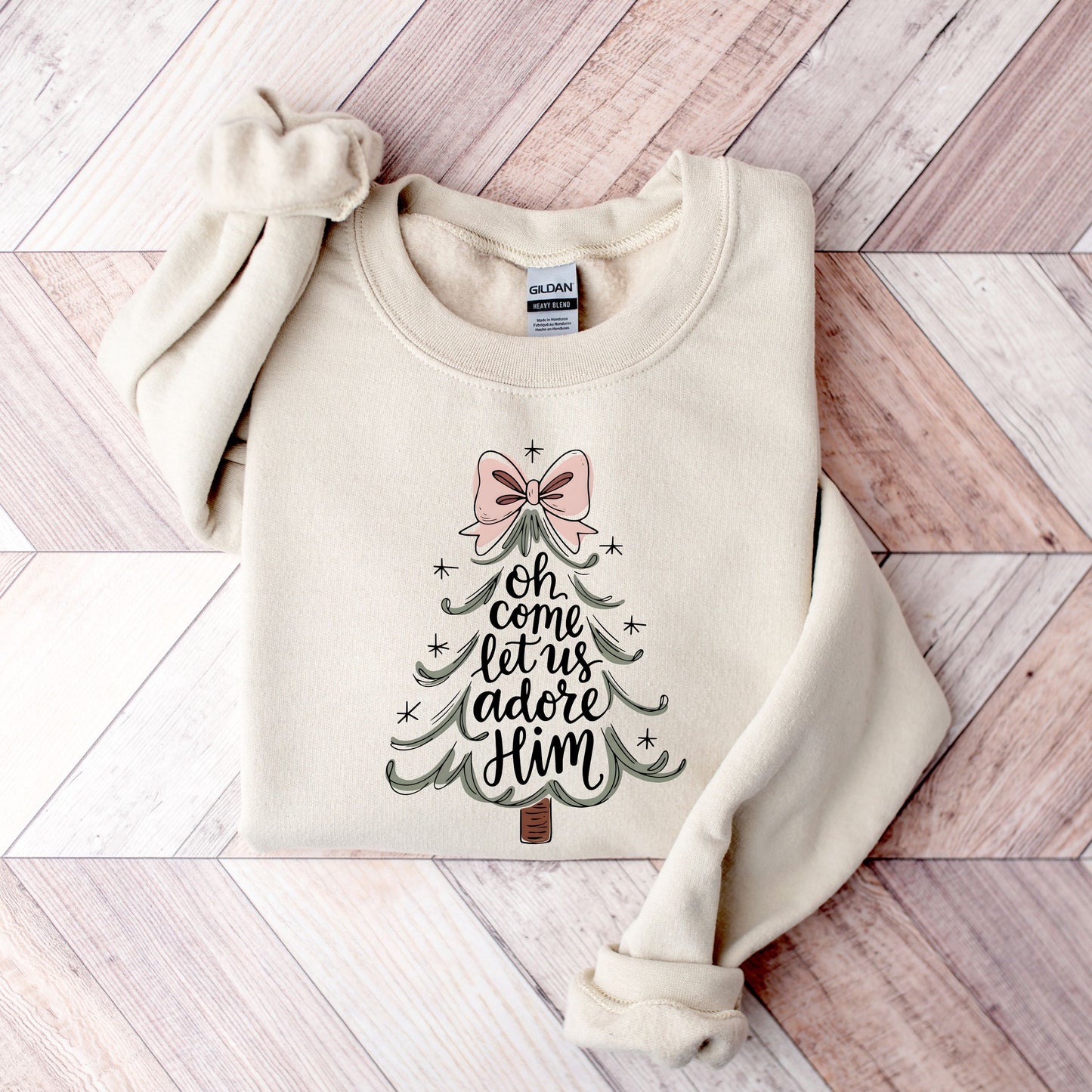 Oh Come Let Us Adore Him Sweatshirt, Christian Christmas Sweater, Pink Coquette Bow Christmas Tree, Religious Holiday Crewneck Nativity Gift