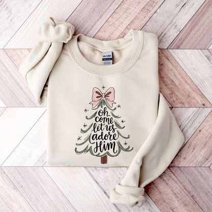 Oh Come Let Us Adore Him Sweatshirt, Christian Christmas Sweater, Pink Coquette Bow Christmas Tree, Religious Holiday Crewneck Nativity Gift