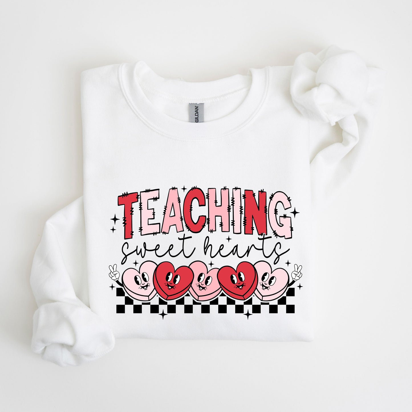 Retro Teacher Valentine’s Day Sweatshirt - Teaching Sweethearts Groovy Hearts Pullover