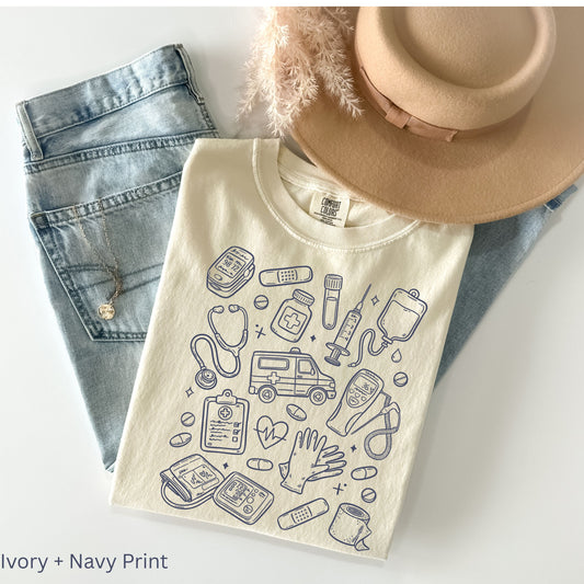 Medical Doodles Shirt, Hand Drawn Doodle Sweatshirt, Healthcare, RN, Nursing, Doctor Gift, Whimsical Minimalist Medical School Student Shirt