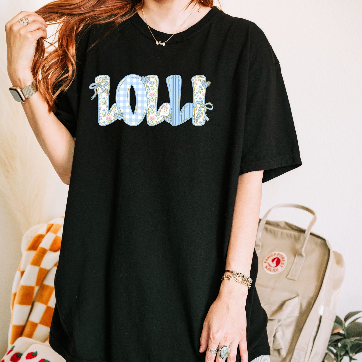 Vintage Floral Lolli Tee - Coquette Blue Gingham Grandma Shirt -Grandma Birthday Present