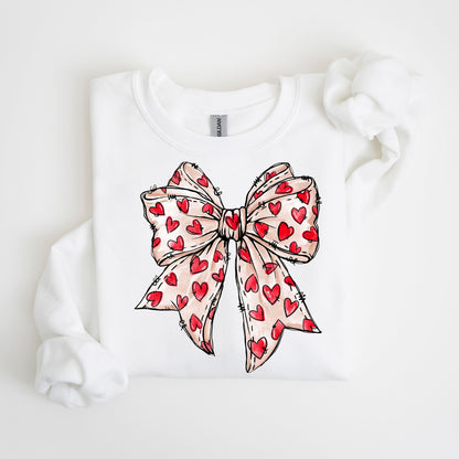 Valentine Bow Sweatshirt – Cute Heart Ribbon Graphic Pullover, Cozy Valentine’s Day Gift for Her