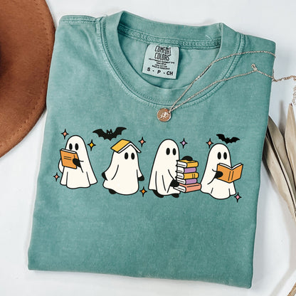 Comfort Colors® Ghost Reading Books Shirt, Bookish Halloween Shirt, Teacher Librarian Halloween Gift, Halloween Book Lover, Halloween School