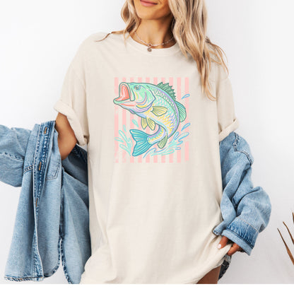 Retro Bass Fish Shirt, Pastel Striped Fishing Graphic Tee, Fisherman Gift, Lake Life T-Shirt, Coastal Summer Tee