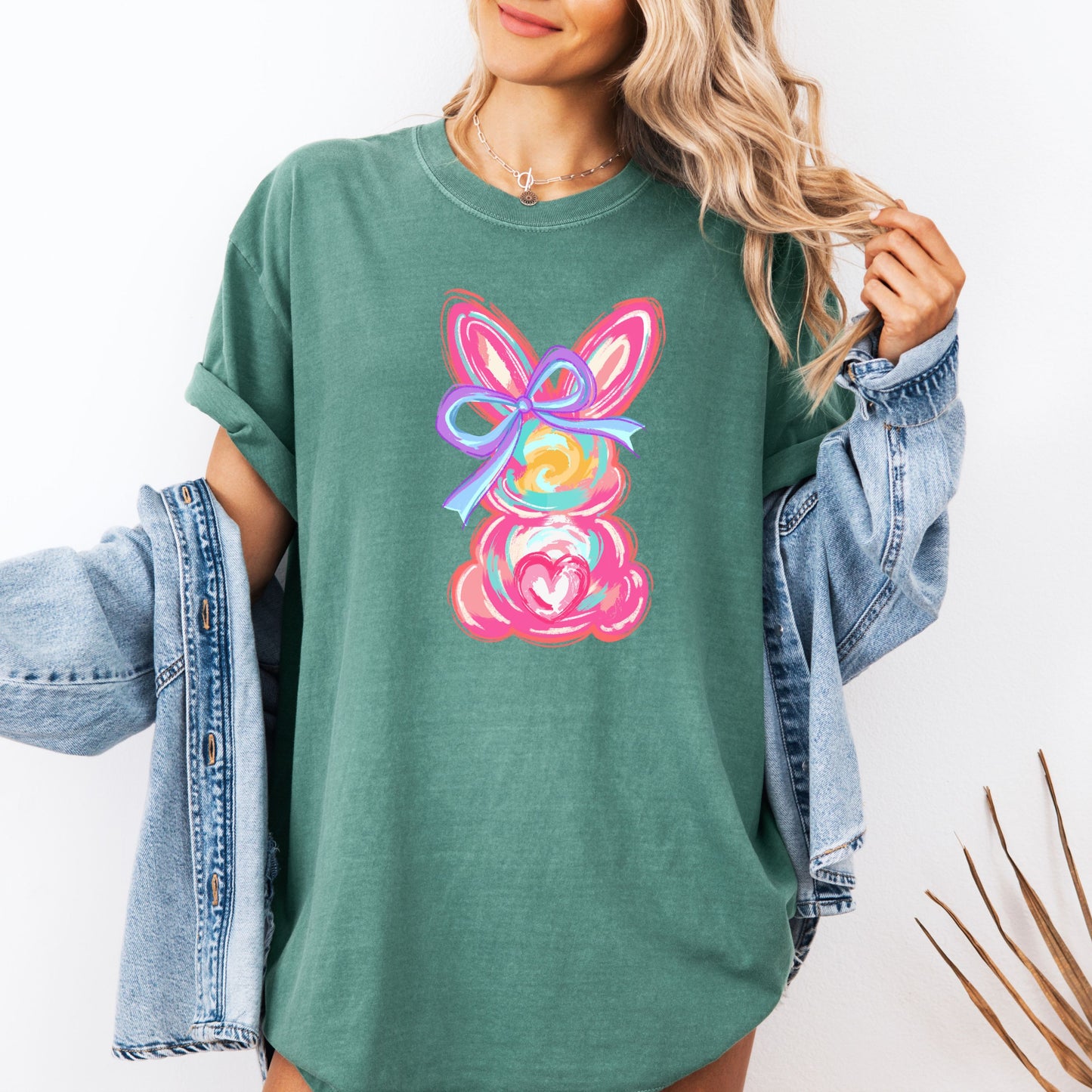 Brushstroke Bunny Easter Shirt, Bunny Coquette Bow T-Shirt, Pastel Spring Aesthetic Tee, Whimsical Rabbit Graphic Shirt, Colorful Floral Bunny Art Top