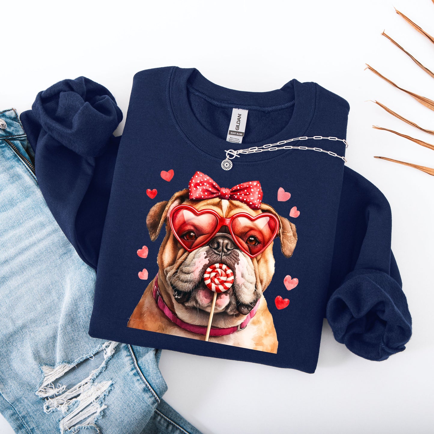 Cute Bulldog Graphic Pink Sweatshirt - Heart-Eyed Bulldog Print Comfortable Crewneck Jumper- Valentine's Day Sweatshirt Cute Bulldog with Heart Glasses Fun Lollipop Graphic Cozy Gift for Her Romantic Holiday Outfit Women