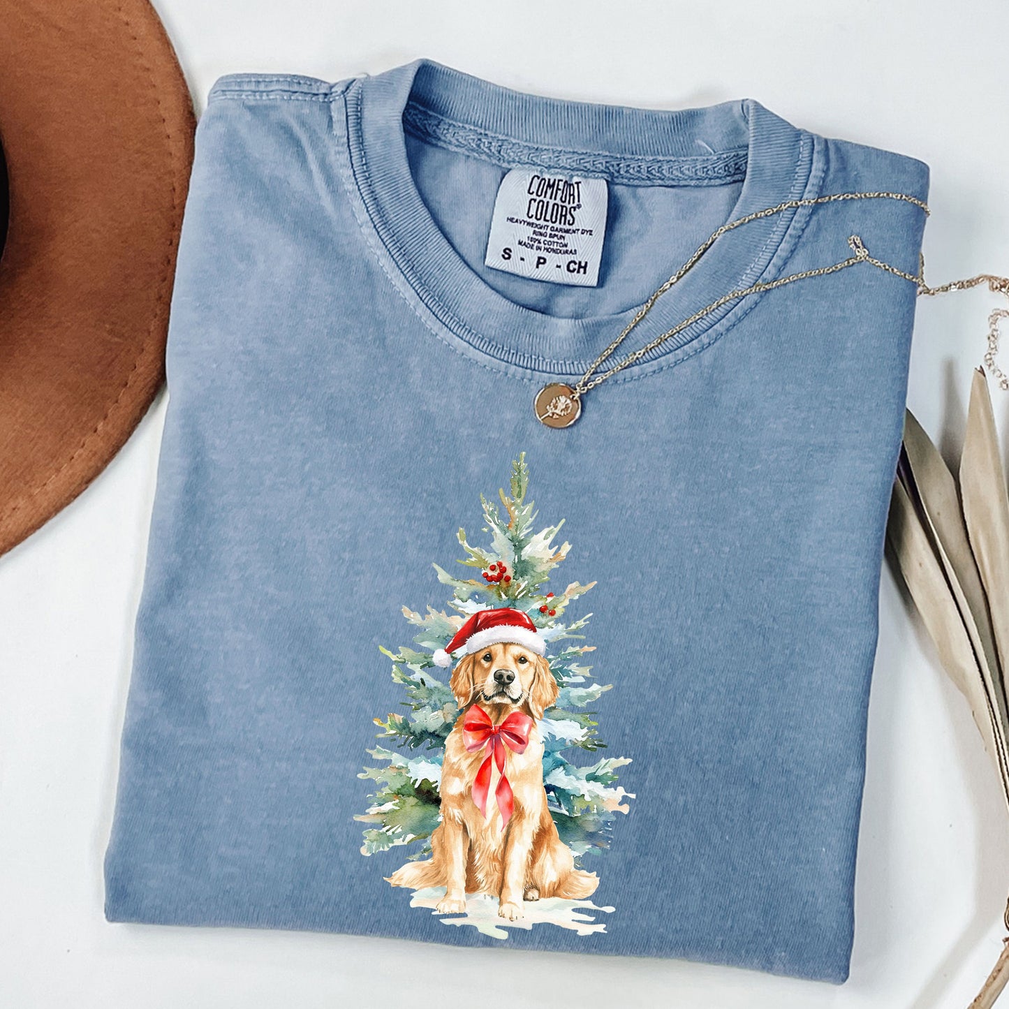 Watercolor Christmas Golden Retriever Dog Santa Hat Shirt, Coquette Preppy Drew Doodles Christmas Tree, Comfort Colors® Christmas Dog Shirt