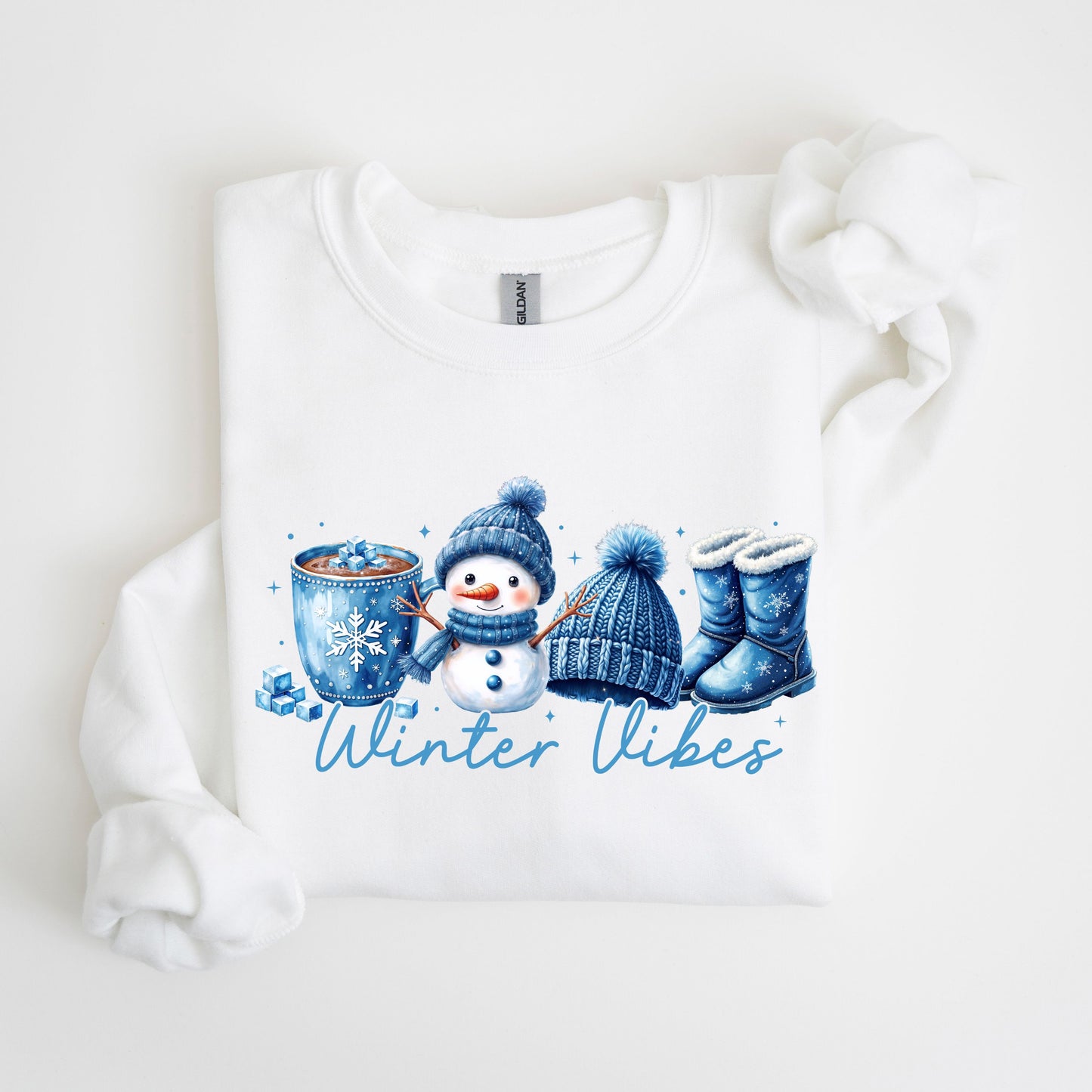 Winter Vibes Snowman Sweatshirt, Faux Embroidery Look Winter Crewneck, Cozy Blue Snowman Sweater, Winter Hot Cocoa Hoodie,Snowflake Pullover
