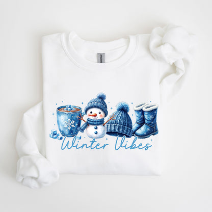 Winter Vibes Snowman Sweatshirt, Faux Embroidery Look Winter Crewneck, Cozy Blue Snowman Sweater, Winter Hot Cocoa Hoodie,Snowflake Pullover