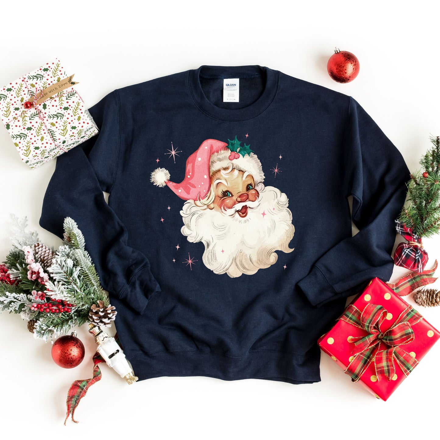 Pink Santa Retro Christmas T-Shirts Sweatshirts for Women Pink Christmas Matching Family Sweaters Pink Vintage Holiday Crewneck Group Party