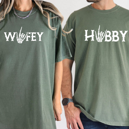 Comfort Colors®  Couple Halloween Shirt, Couple Wifey Hubby Shirt,Skeleton Hand Shirt, Fall Engagement Shirt, Halloween Bach, Bride or Die