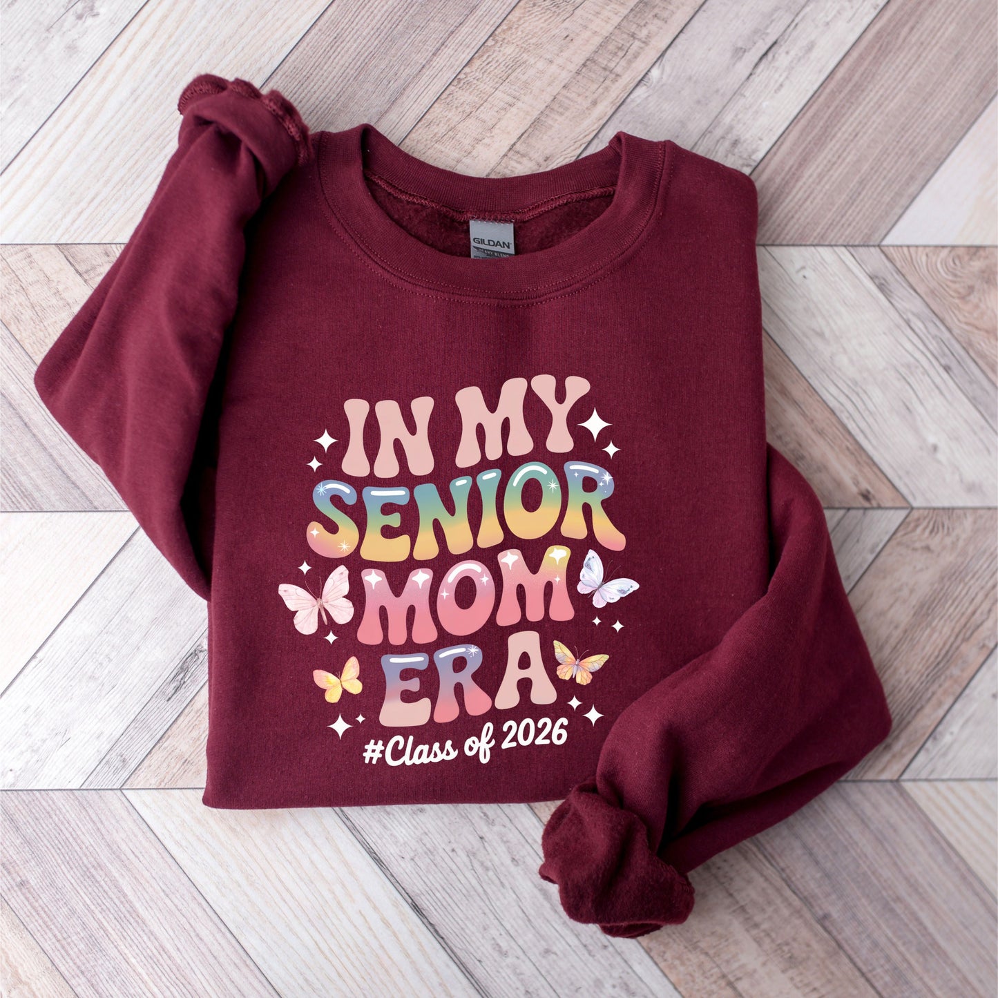 Retro Senior Mom 2026 Shirt, Graduation Gift for Mom, Colorful Butterfly Era Pullover, Proud Grad Mom Gift