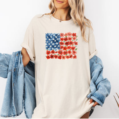 Patriotic Floral Shirt,  USA 250th Anniversary Tee, Floral American Flag Shirt, Watercolor Poppy 4th of July Shirt