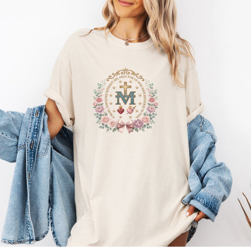 Marian Cross Catholic T-Shirt • Miraculous Medal Floral Tee • Virgin Mary Shirt • Religious Gift for Women • Blessed Mother Floral Tee