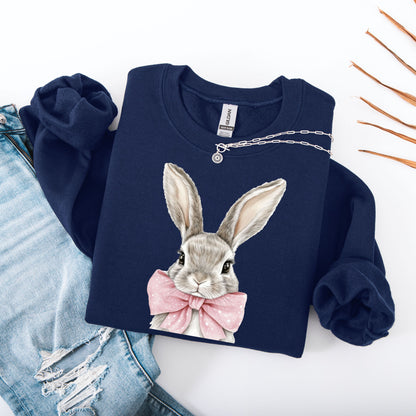Cute Easter Bunny Sweatshirt - Hand-Drawn Rabbit with Pink Bow Crewneck - Spring Holiday Pullover