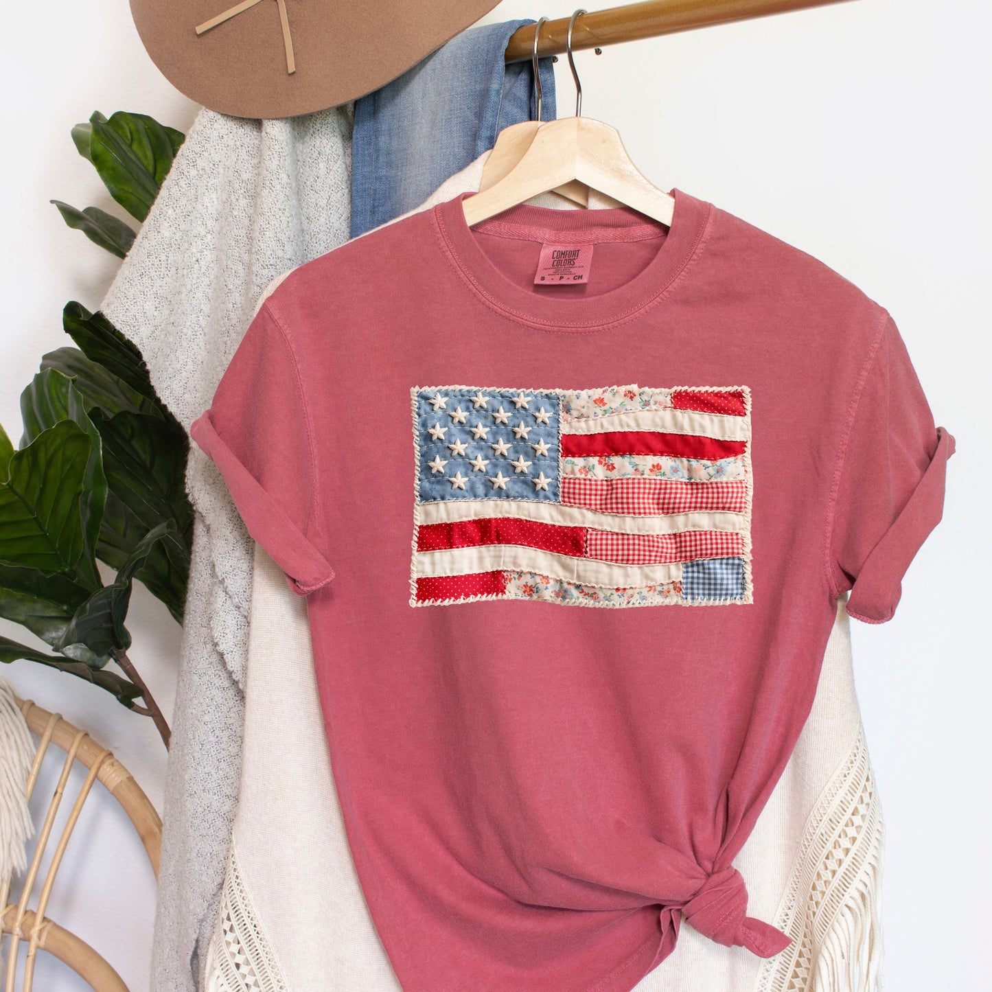 Faux Patchwork American Flag Shirt, Patriotic Fourth of July Tee, Vintage Faux Quilted USA Graphic T-Shirt
